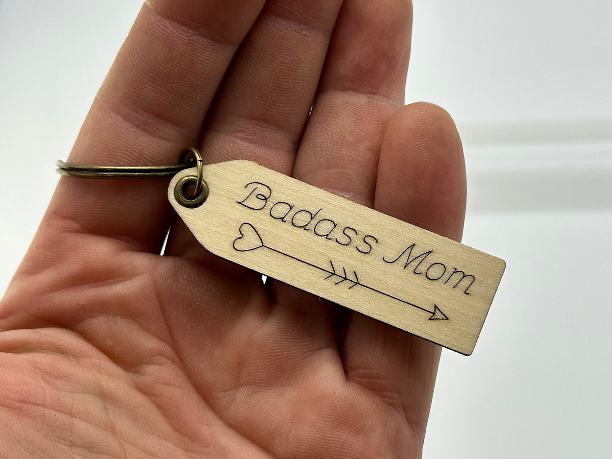 Badass Mom Laser Engraved Wood Keychain