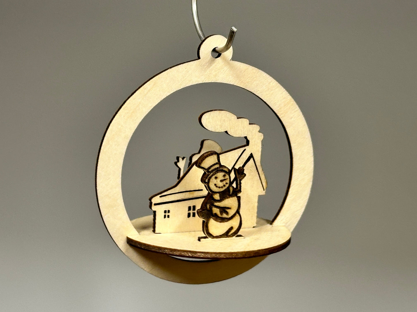 Snow Man and Cabin Laser Cut Christmas Ornament