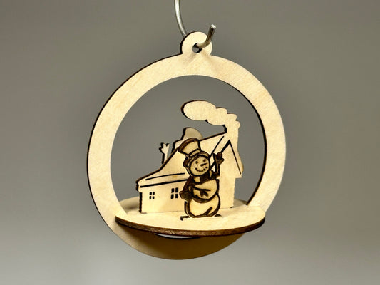 Snow Man and Cabin Laser Cut Christmas Ornament