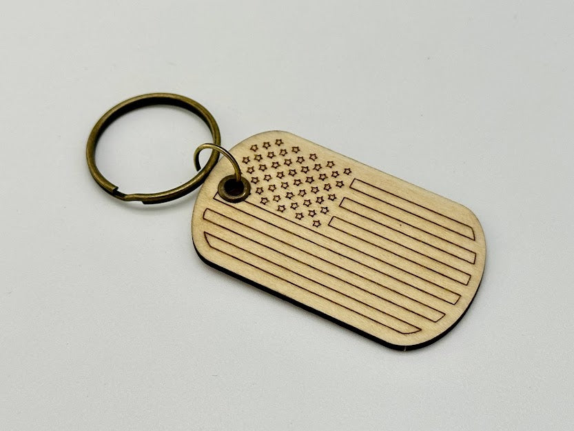American Flag Dog Tag Laser Engraved Wood Keychain