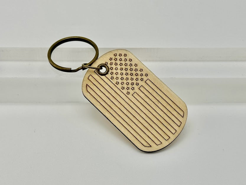 American Flag Dog Tag Laser Engraved Wood Keychain