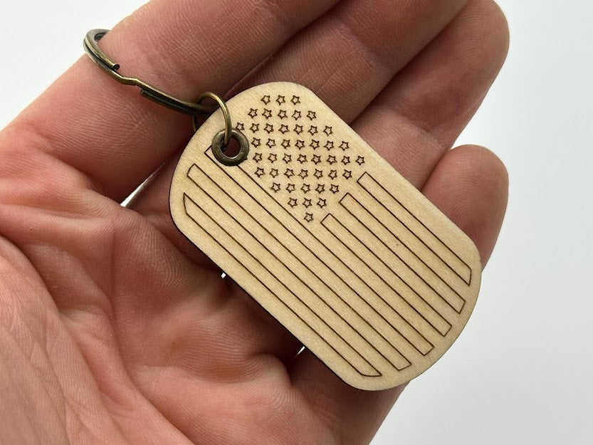 American Flag Dog Tag Laser Engraved Wood Keychain