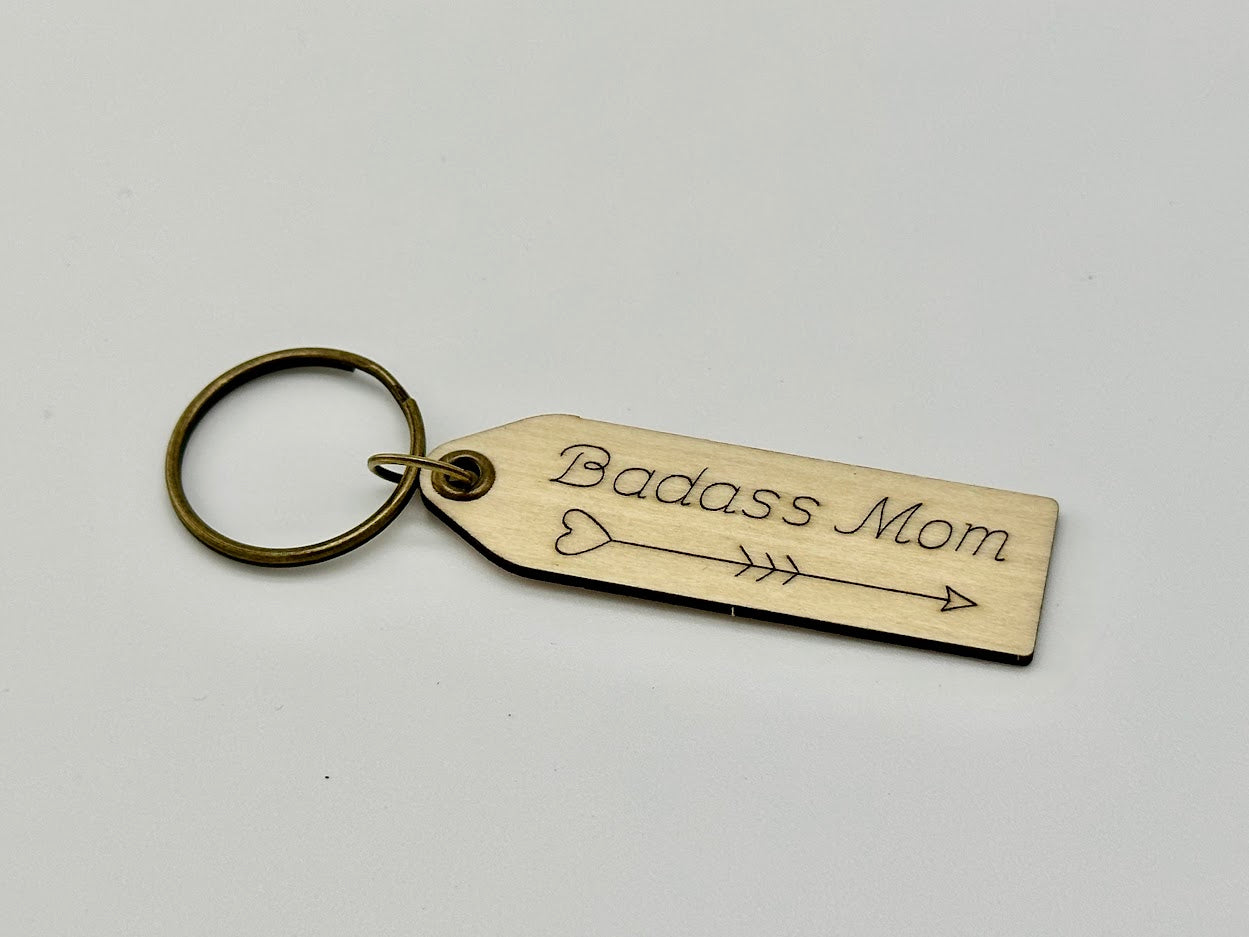 Badass Mom Laser Engraved Wood Keychain